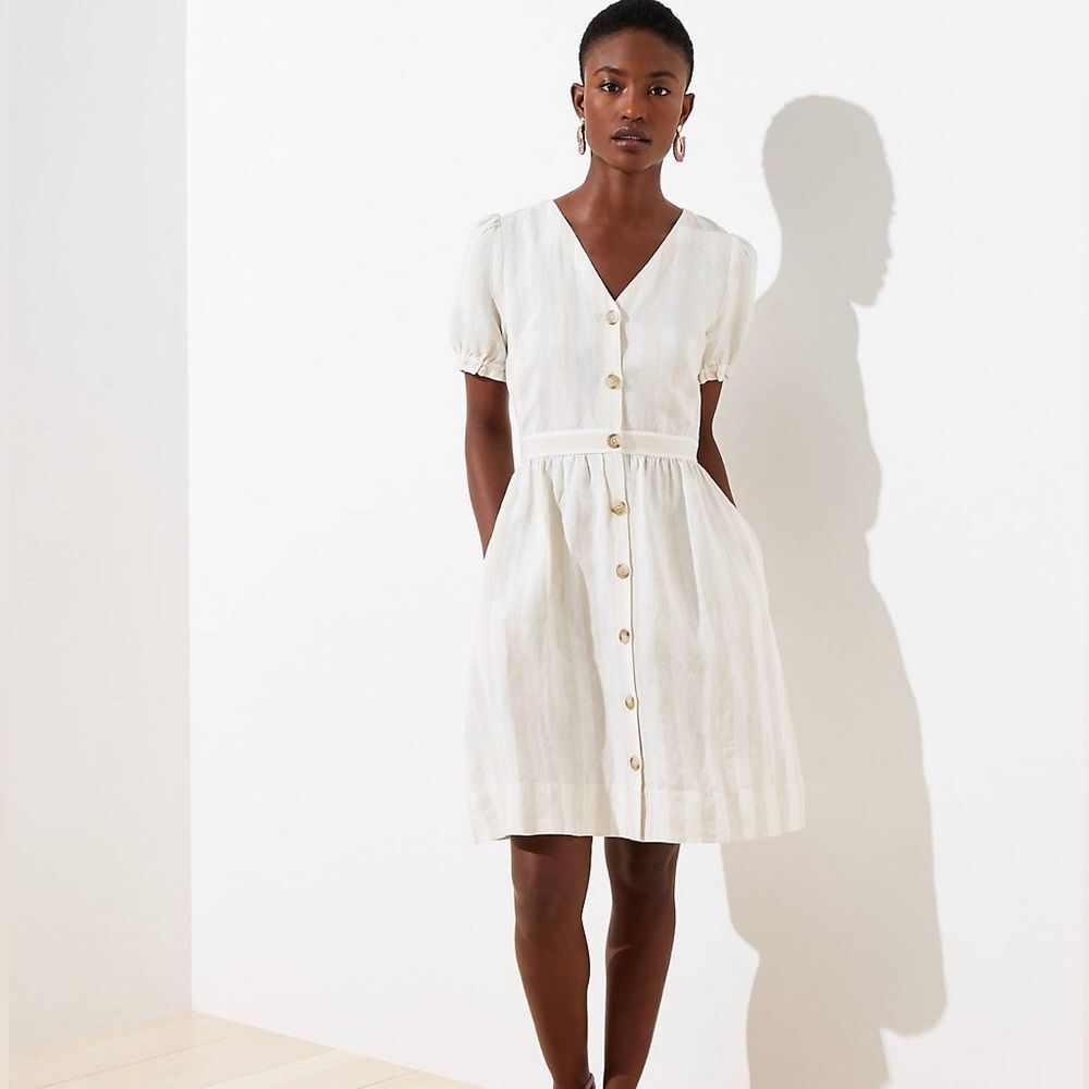 Loft Striped Puff Sleeve Pocket Shirtdress Neutral Linen NEW size 2